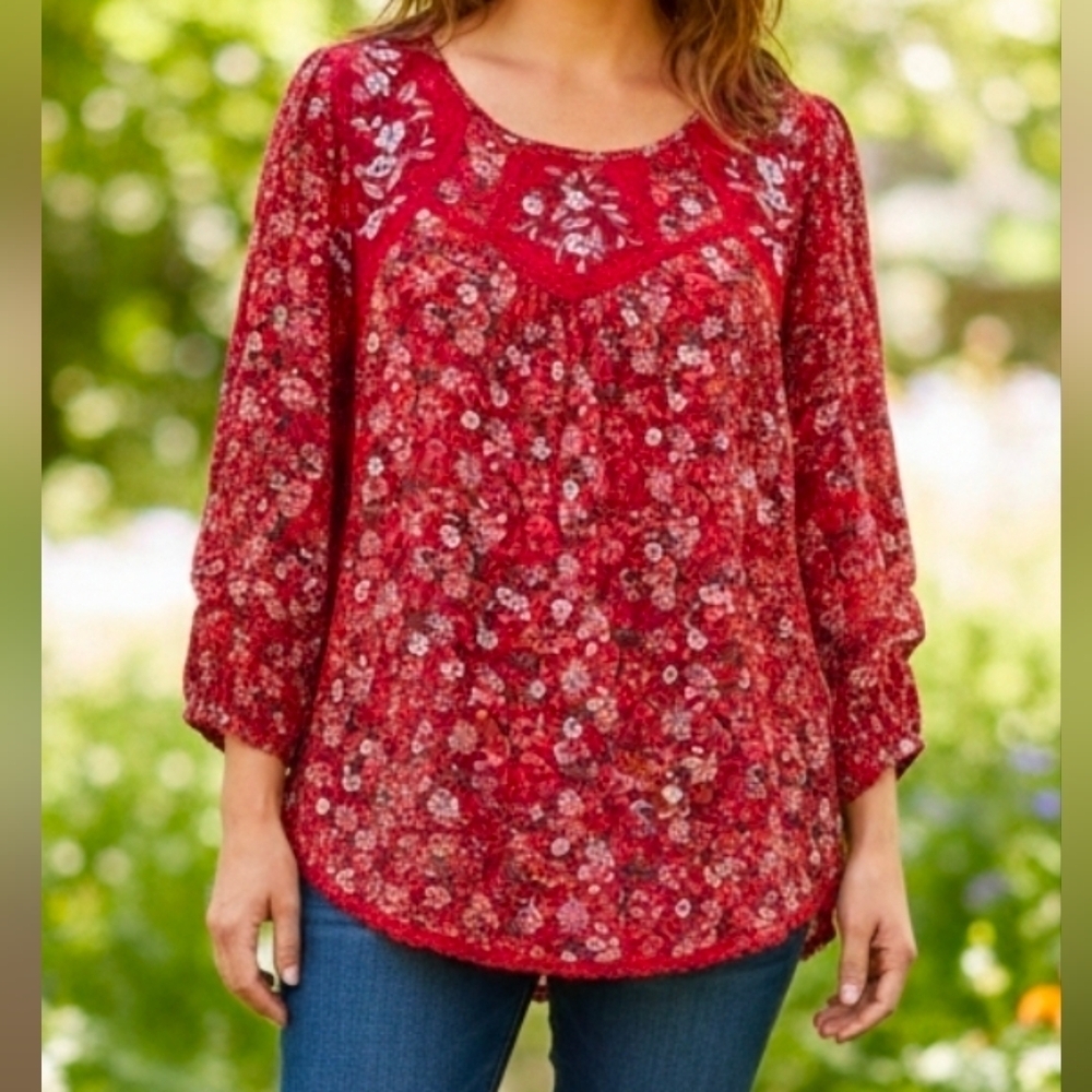 Mason & Belle Blouse Women's Tempesta 3/4 Sleeve Lace Detailed Red Floral, SMALL